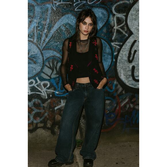 Vintage Q-Wear Wool Vest Red Cross 90s Black Embroidered Waistcoat 38 Size 8 - Picture 1 of 9